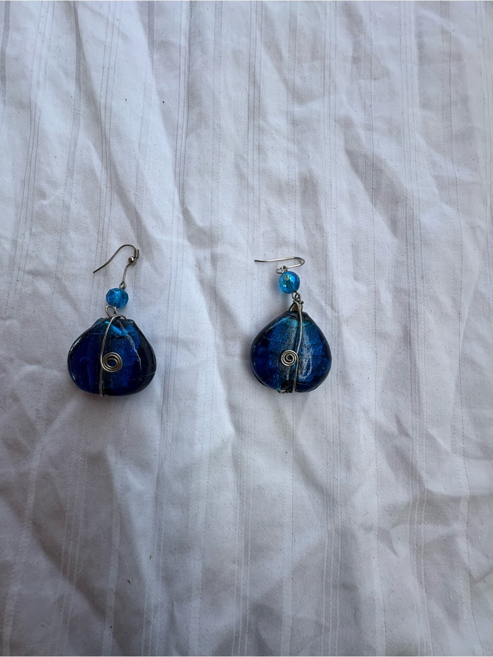 Handcrafted Blue Glass Teardrop Wire-Wrapped Earrings